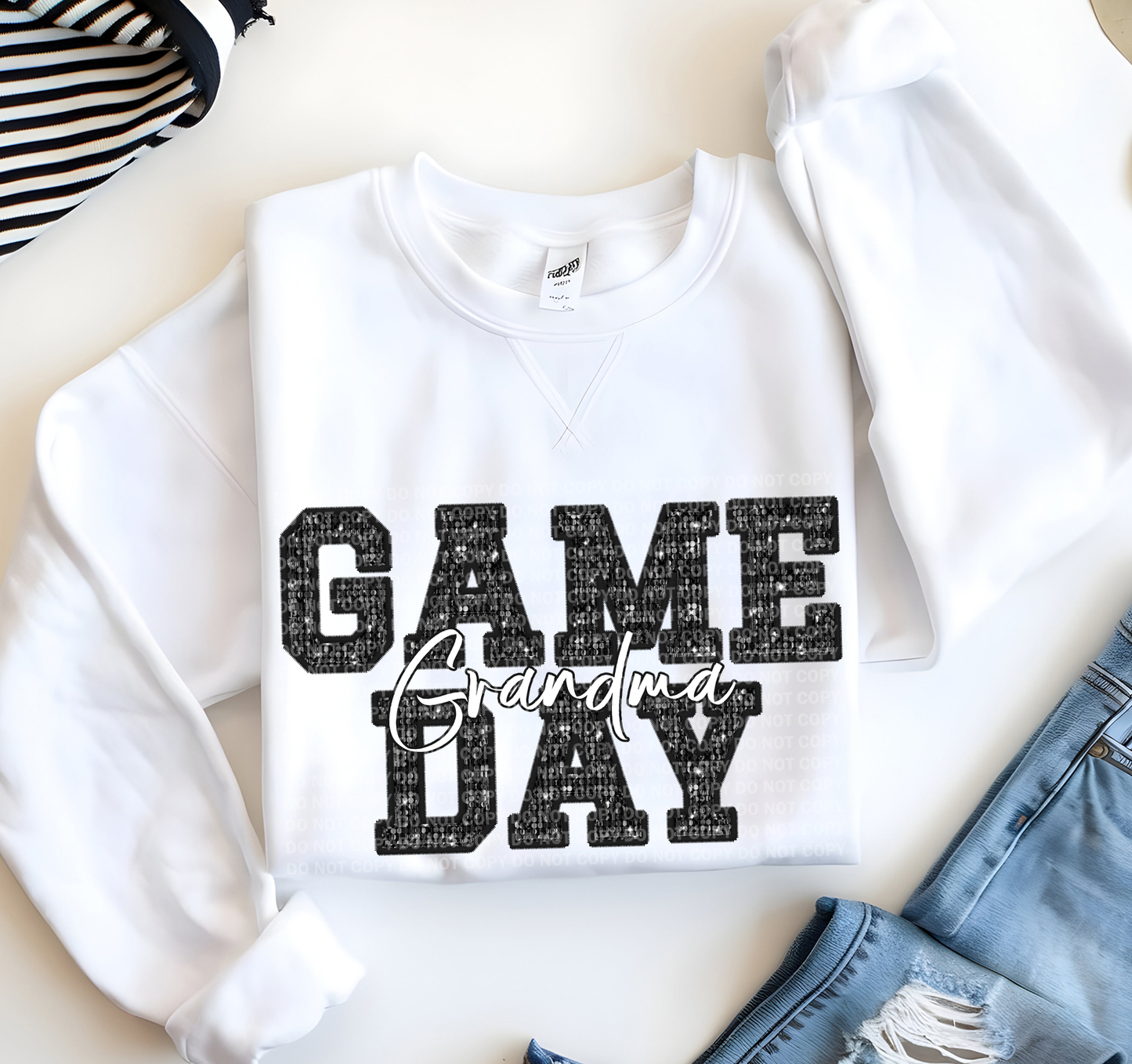 Game Day Grandma Faux Embroidery Sequins Black
