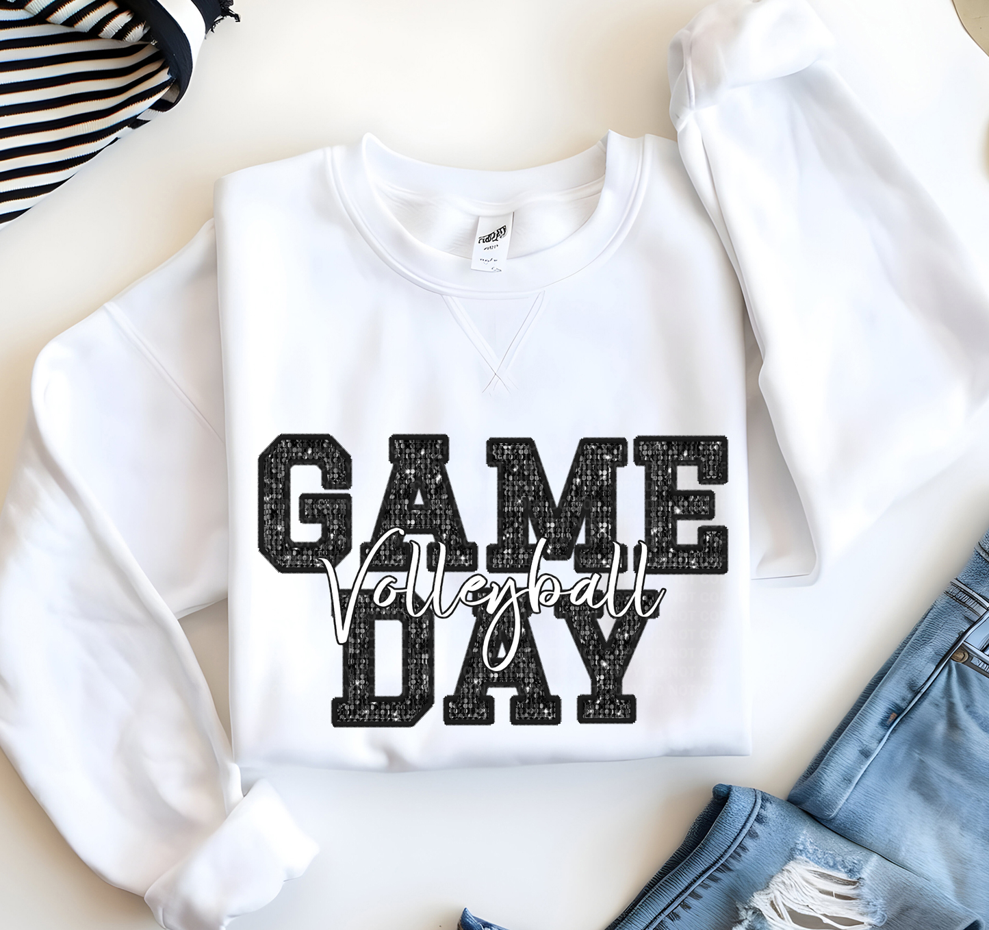 Game Day Volleyball Faux Embroidery Sequins Black