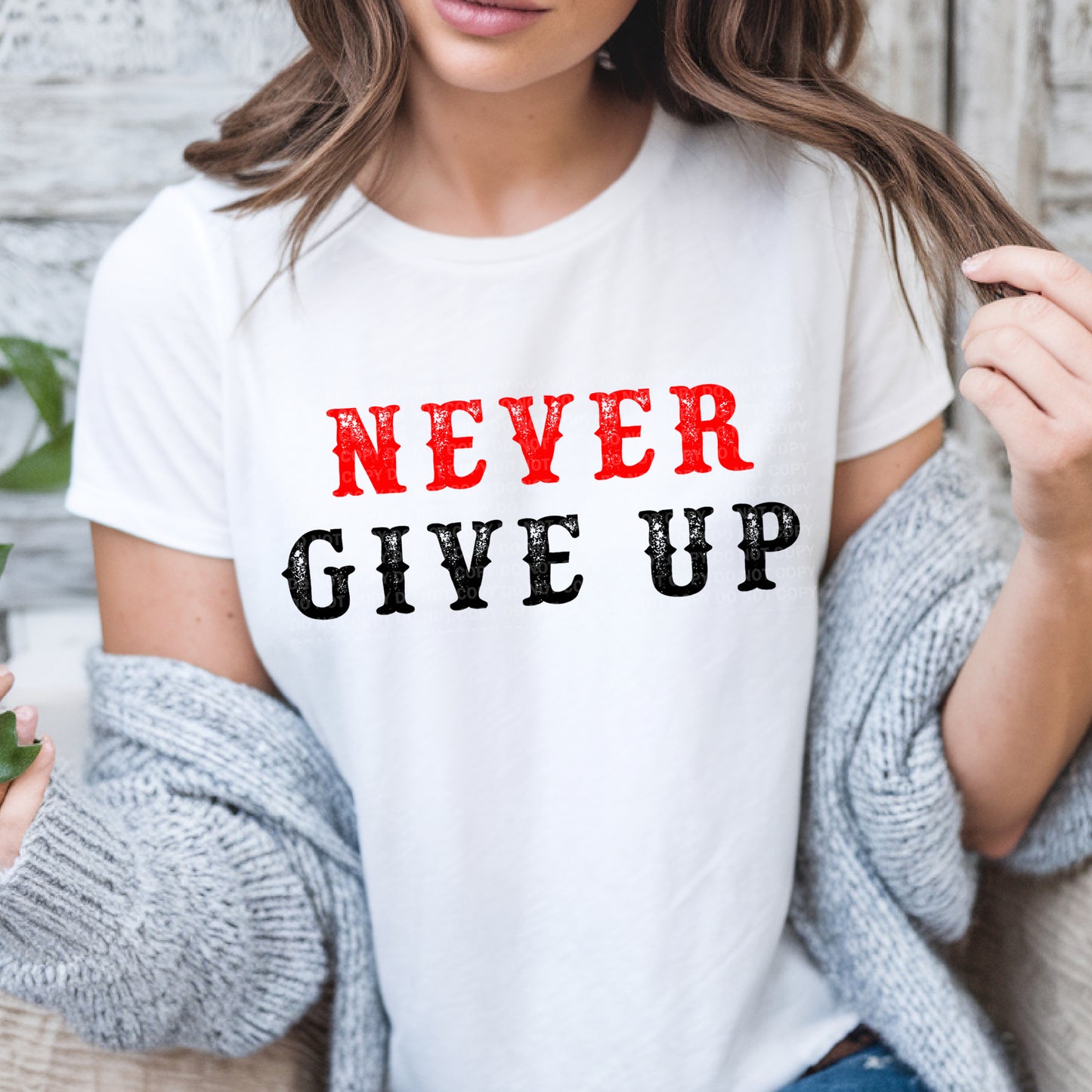 Never Give Up Red Black Serif Distress