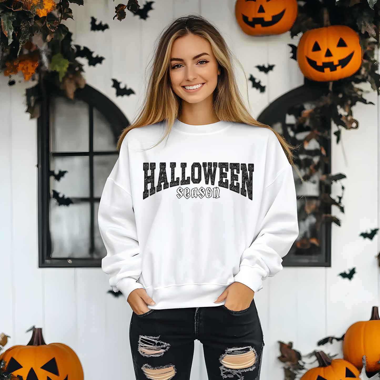 Halloween Season White Faux Embroidery Sequins Black