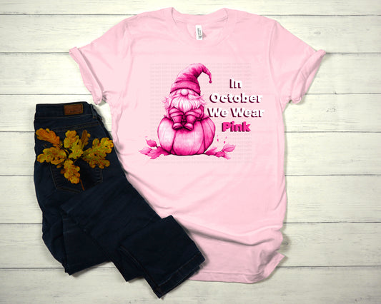 In October We Wear Pink Gnomes Seating On Pumpkin